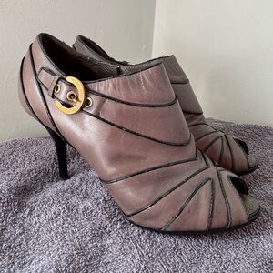 Louis Vuitton Brown Leather Peep-Toe Heels with Gold Buckle